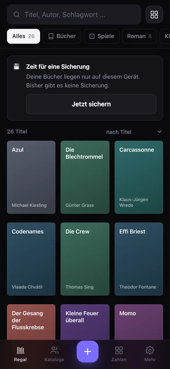 Cover grid: coloured tiles with title and author, for example Azul, Carcassonne and Effi Briest.